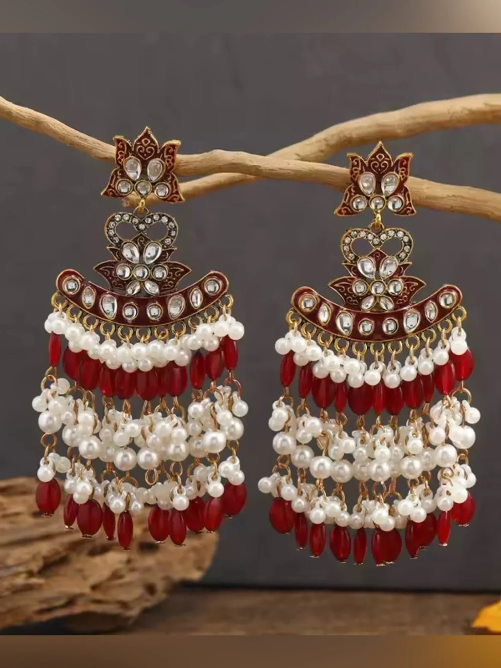 Red and White Kundan Pearl Chandelier beaded tassels Earrings